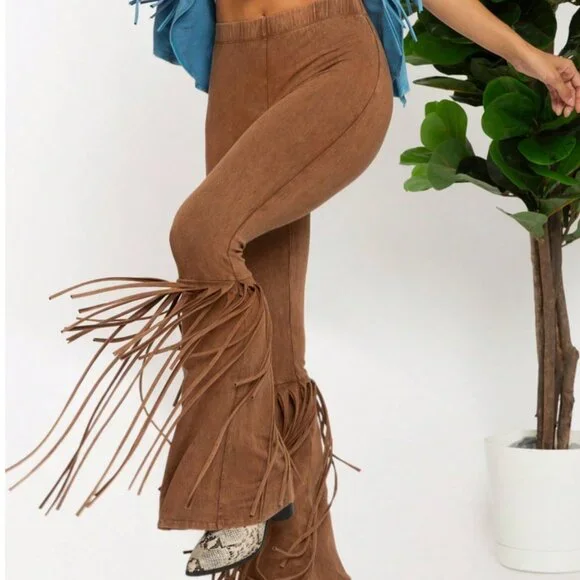 Camel Casual Women's Mineral Washed Fringe Detailed Pants